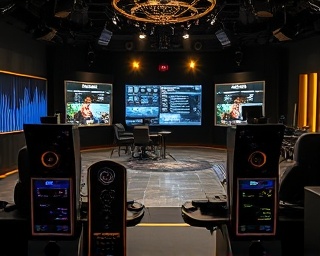 high-tech broadcastingTechnology, curious, exploring new platforms, photorealistic, immersive studio with advanced broadcasting tools, highly detailed, touchscreens and digital interfaces, clear 8k quality, sleek black and gold, ambient backlights, shot with a wide-angle lens.