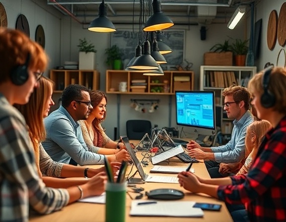 pioneering media innovation, inspired expression, developing cutting-edge solutions, photorealistic, collaborative workspace filled with creative tools, highly detailed, dynamic brainstorming, sharp focus, vibrant colors, diffused natural lighting, shot with a 50mm prime lens.