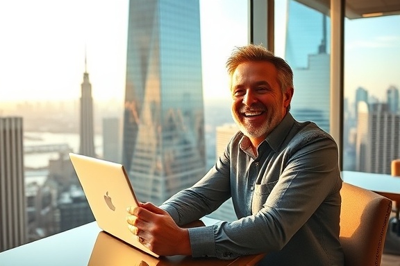 booming blogging revenue, joyful expression, reviewing successful report, photorealistic, luxury office by a panoramic window view of the city, highly detailed, reflective skyscrapers and dynamic ticker tapes, 16k resolution, bright whites and silvers, golden hour lighting, shot with a 70-200mm lens.