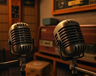 timeless legacy media, contemplative, enduring cultural influence, photorealistic, antique radio studio with vintage microphones, highly detailed, sound waves visible, fine grain texture, earthy tones, tungsten lighting, shot with an 85mm portrait lens.