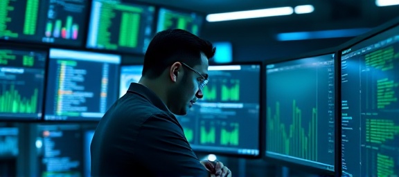 innovative AI tool, determined, crafting solutions, photorealistic, modern workspace filled with screens, highly detailed, cascading binary numbers, pin-sharp clarity, gradient blue and green, soft ambient lighting, shot with a 35mm lens.