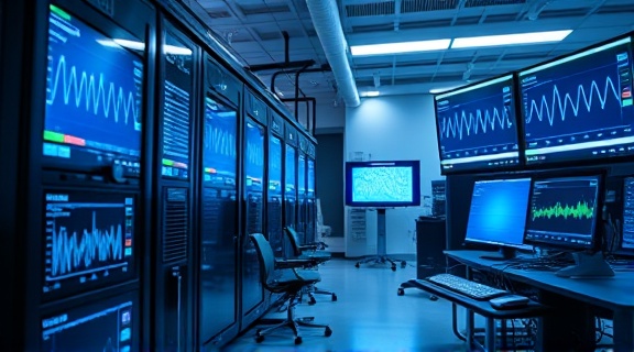 efficient digitalSignal, attentive, analyzing patterns, photorealistic, digital laboratory with data servers and signal testers, highly detailed, graphs and waveforms on displays, 4k precision, blue gradients and white, ambient fluorescent lighting, shot with a normal lens.