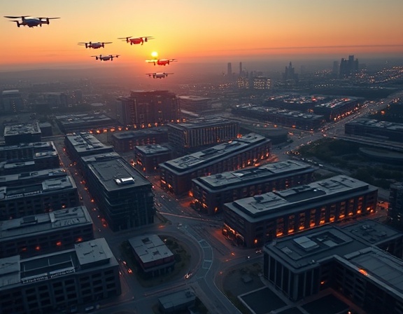 cutting-edge AI refinement, contemplative, improving efficiency, photorealistic, sprawling tech campus at sunset, highly detailed, AI-driven drone fleets, pin-sharp focus, dusk oranges and purples, natural twilight illumination, shot with a 70-200mm lens.