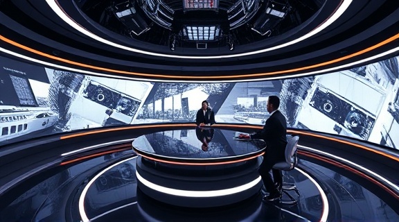 futuristic news studio design, poised, introducing a segment, photorealistic, AR enhancements around the table, highly detailed, digital effects in motion, cinematic quality, monochromatic with neon accents, backlit and rim lighting, shot with a 16mm fisheye lens.