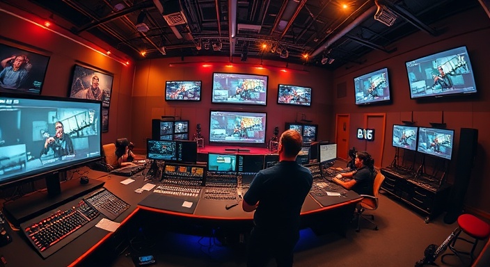 interactive mediaBroadcasting, energetic, coordinating show elements, photorealistic, control room filled with switchboards and screens, highly detailed, digital feeds and live editing software, UHD resolution, warm tones, high-intensity LEDs, shot with a fisheye lens.