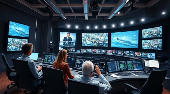 advanced broadcastingTechnology, engaged, deploying enhancements, photorealistic, spacious control center with interactive panels, highly detailed, live linkups and video streams, high-definition resolution, metallic accents and shades, balanced lighting, shot with an ultra-wide lens.