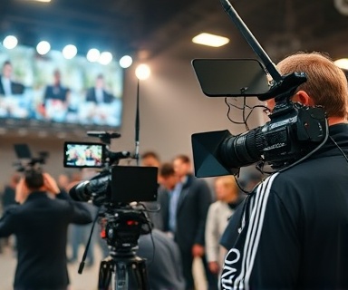 advanced channel broadcast, dynamic, coordinating crew, photorealistic, multiple camera setup capturing angles, highly detailed, behind the scenes operations visible, high dynamic range, metallic tones, bright studio lighting, shot with a 70-200mm telephoto lens.