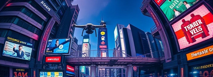 memorable TV advertising, impactful, holding interest, photorealistic, futuristic cityscape with floating ads, highly detailed, drones delivering content, 8k resolution, neon colors, night-time lighting, shot with a fisheye lens.