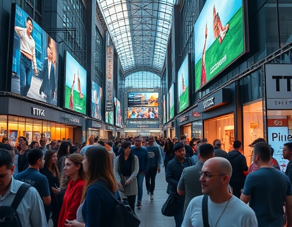 cutting-edge TV marketing, influential, inspiring consumers, photorealistic, busy shopping district with large screens, highly detailed, lively crowds, 8k resolution, cool tones, early evening lighting, shot with a 24mm lens.