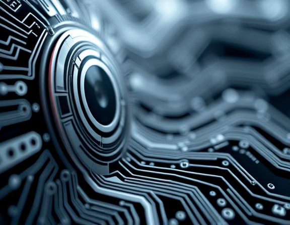 sleek AI enhancement, focused, upgrading interface, photorealistic, cutting-edge tech lab, highly detailed, swirling lines of code, macro depth, silver and black tones, cool directional lighting, shot with a macro lens.