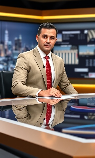 confident news anchor, attentive, delivering news, photorealistic, sleek desk with integrated touchscreen surface, highly detailed, teleprompter reflecting script, ultra-high definition, beige and gold, soft spotlight, shot with a 50mm prime lens.
