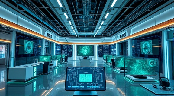 groundbreaking innovationMedia, detail-oriented, pioneering solutions, photorealistic, tech hub with interactive data analysis tools, highly detailed, ar/vr setups and virtual presentations, crystal-clear 6k resolution, futuristic blues and greens, innovative panel lighting, shot with a panoramic lens.