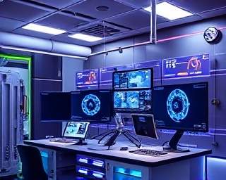 cutting-edge innovationMedia, analytical, testing new tech, photorealistic, innovative research lab with virtual reality setups, highly detailed, holographic displays and futuristic gadgets, 6k resolution, chrome and neon, cool studio lighting, shot with a 24mm lens.