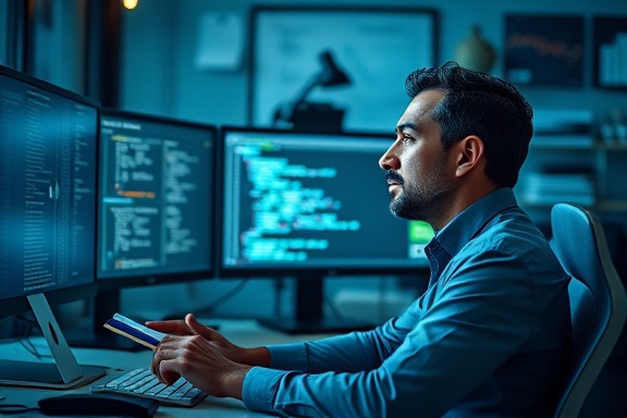 strategic blogging strategies, contemplative expression, planning next steps, photorealistic, chic workspace filled with notes and monitors, highly detailed, scrolling code and informational widgets, ultra hd, cool blues and grays, direct task lighting, shot with an 85mm lens.