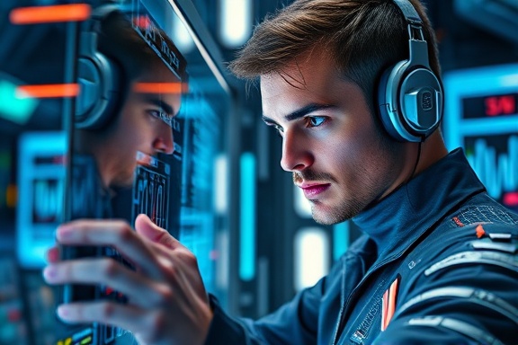 futuristic media technology, focused expression, interacting with holographic displays, photorealistic, advanced tech lab with glossy surfaces, highly detailed, digital screens flickering, ultra-high definition, metallic tones, neon lighting, shot with a 24mm lens.