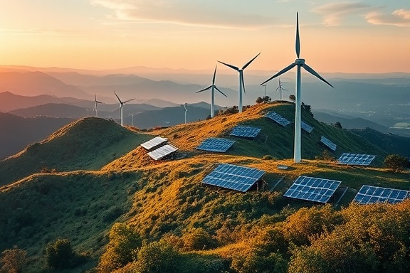 ever-changing digital landscape, observant, shifting, photorealistic, scenic hillside dotted with wind turbines and solar panels, highly detailed, organic and digital flora integration, long exposure, natural greens and blues, golden hour lighting, shot with a 70mm lens.