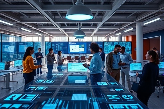 cutting-edge digital disruption, empowered, transforming, photorealistic, open-plan tech office with diverse team collaboration, highly detailed, interactive digital surfaces, wide angle, vivid colors, artificial overhead lighting, shot with a 16mm lens.