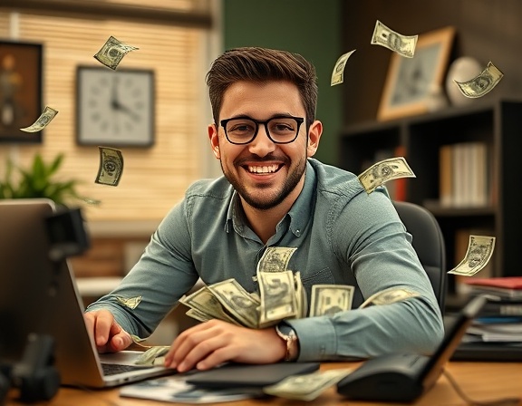 prosperous blogging profits, satisfied expression, celebrating success, photorealistic, stylish office with pile of currency and gadgets, highly detailed, flying dollar bills, 8k resolution, rich greens and golds, warm ambient lighting, shot with a 35mm lens.
