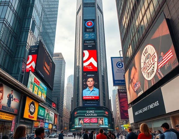 creative TV advertising, persuasive, engaging audience, photorealistic, urban environment with skyscrapers, highly detailed, animated displays on buildings, 4k resolution, bright and bold colors, midday lighting, shot with a wide-angle lens.