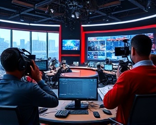 dynamic mediaBroadcasting, enthusiastic, directing live stream, photorealistic, bustling newsroom environment filled with reporters, highly detailed, live ticker and news scroll, 8k resolution, bold primary colors, diffused natural light from large windows, shot with a macro lens.