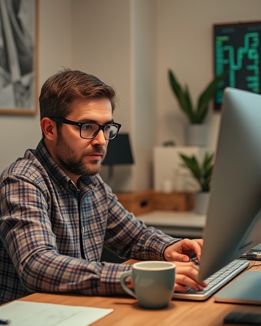 steady blogging earnings, focused expression, calculating growth, photorealistic, cozy study with personal computer and coffee cup, highly detailed, pulsating digital numbers, hd quality, muted earth tones, overhead lighting, shot with a 24mm lens.