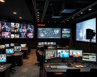 elegant broadcastingTechnology, strategic, orchestrating broadcasts, photorealistic, high-capacity network center with interactive consoles, highly detailed, channels and networks visualization, supreme 8k UHD, black and gold, expansive ambient lights, shot with a long-focus lens.