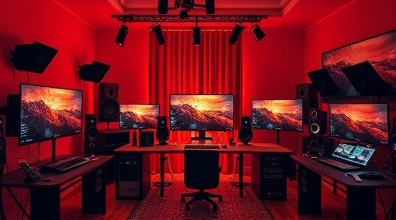 innovative digitalStudio, inspired, creating multimedia projects, photorealistic, vibrant development room with design tools, highly detailed, immersive screens and project setups, full HD quality, bold reds and oranges, eclectic natural lighting, shot with a prime lens.