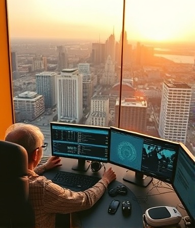 seamless media integration, confident expression, merging multimedia channels, photorealistic, control room overlooking a cityscape, highly detailed, data streams visualized, crisp resolution, warm hues, golden hour lighting, shot with a 70-200mm telephoto lens.
