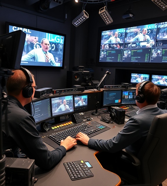 digital broadcastingTechnology, determined, troubleshooting live issues, photorealistic, responsive control room addressing real-time broadcasting challenges, highly detailed, diverse equipment and rapid feedback systems, 7k resolution, monochrome accessories and vibrant screens, dynamic directional lighting, shot with a zoom lens.