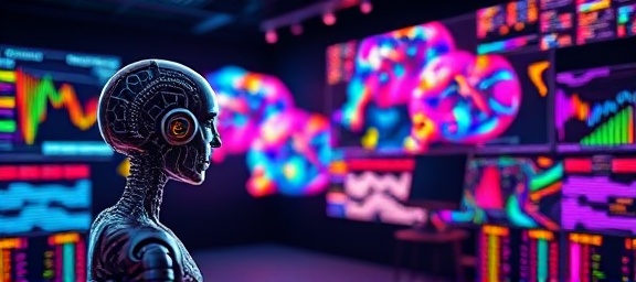 dynamic AI content, engaged, creating visualizations, photorealistic, digital artist's studio, highly detailed, colorful streams of digital data, high-definition quality, vivid multicolor spectrum, bright studio lighting, shot with a 24mm lens.