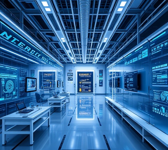 trailblazing innovationMedia, explorative, implementing virtual systems, photorealistic, cutting-edge research facility with AI-driven innovations, highly detailed, smart tech interfaces and digital simulations, exceptionally detailed resolution, visionary blues and silvers, adaptive LED lighting, shot with a micro lens.