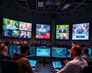 animated mediaBroadcasting, spirited, collaborating with global teams, photorealistic, international media center with global live feeds, highly detailed, multiple screens with varied content, IMAX standard resolution, eclectic color schemes, balanced daylight, shot with a portrait lens.