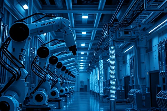 sophisticated AI optimization, introspective, refining neural networks, photorealistic, sleek factory interior with robotic arms, highly detailed, pulsating electric currents, ultra-fine detail, cool blues and silvers, focused spotlight, shot with a telephoto lens.