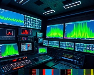 vibrant digitalSignal, focused, optimizing waves, photorealistic, modern broadcasting facility with signal graphs, highly detailed, oscilloscopes and frequency analyzers, full HD resolution, glowing greens and electrics, precise LED lighting, shot with a telephoto lens.