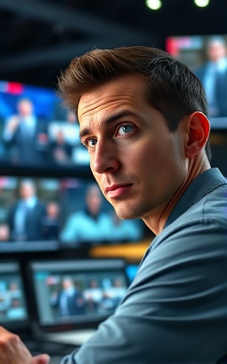 diverse media platforms, inquisitive expression, analyzing cross-platform engagement, photorealistic, modern newsroom with multiple screens, highly detailed, scrolling news feeds, high clarity, cool greys and blues, LED soft lighting, shot with an 85mm lens.
