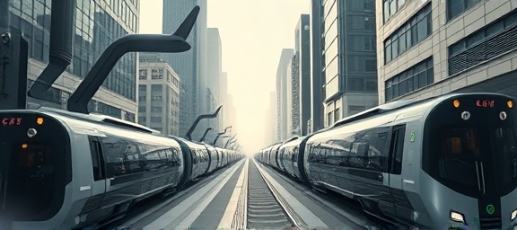 futuristic digital evolution, thoughtful, advancing, photorealistic, serene urban setting with automated transport, highly detailed, kinetic sculptures, wide dynamic range, monochromatic shades, natural daylight, shot with a 24mm lens.